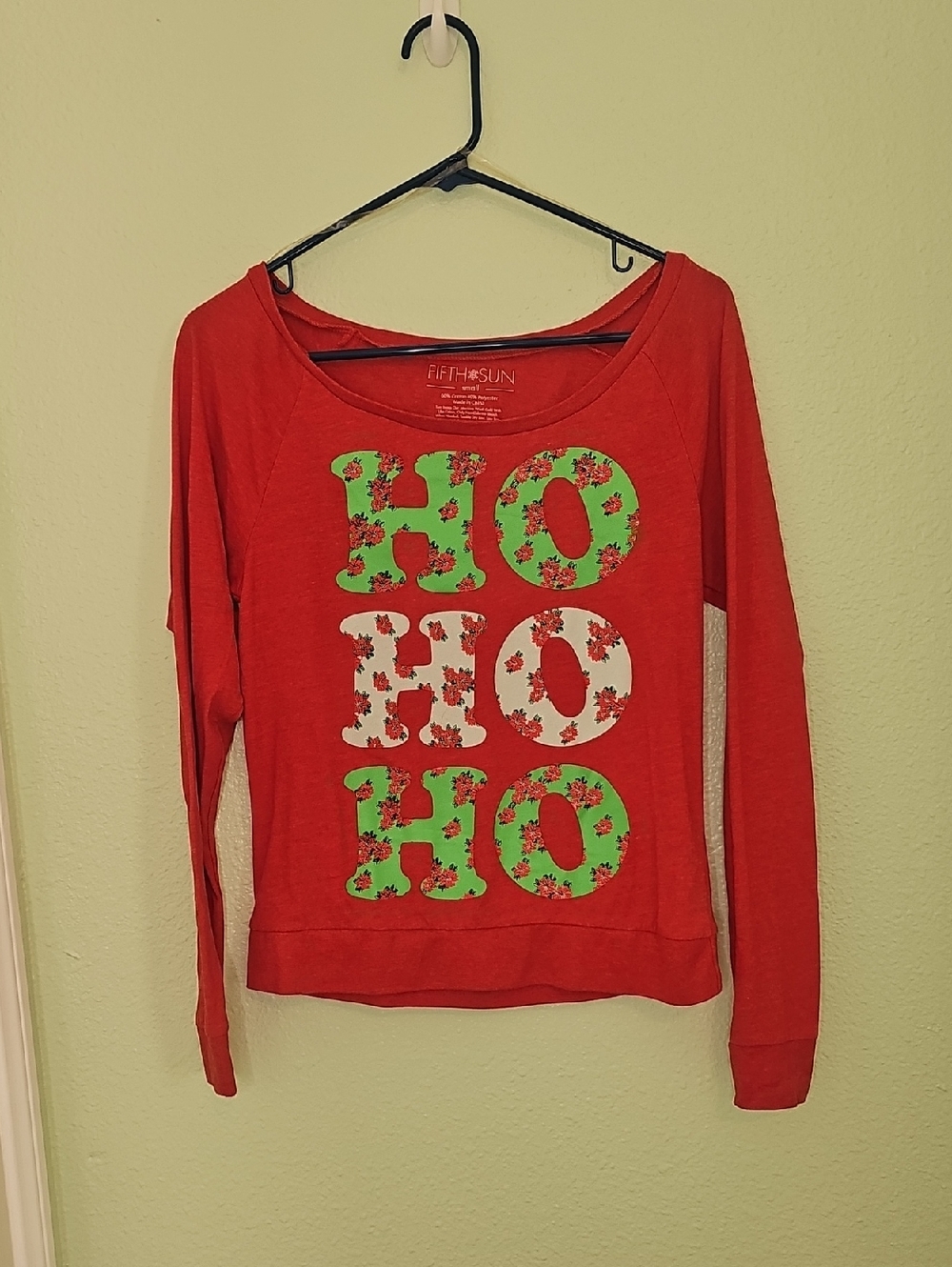 Fifth Sun Red Holiday 'HO HO HO' Long-Sleeve Top with Green & White Lettering